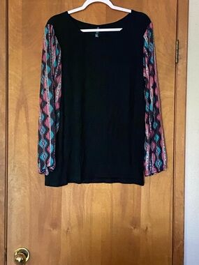 Black Long-Sleeve Women's Top with Patterned Pink & Teal Sleeves